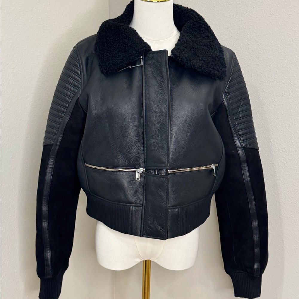 Furniq Shearling Aviator Jacket Black Cropped Leather Shearling Lined US 10